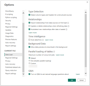 	Power BI options and settings - Data Load