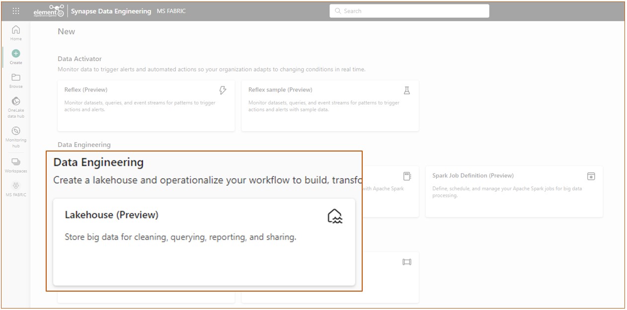 	Image 2 - Create Lakehouse in the Fabric workspace
