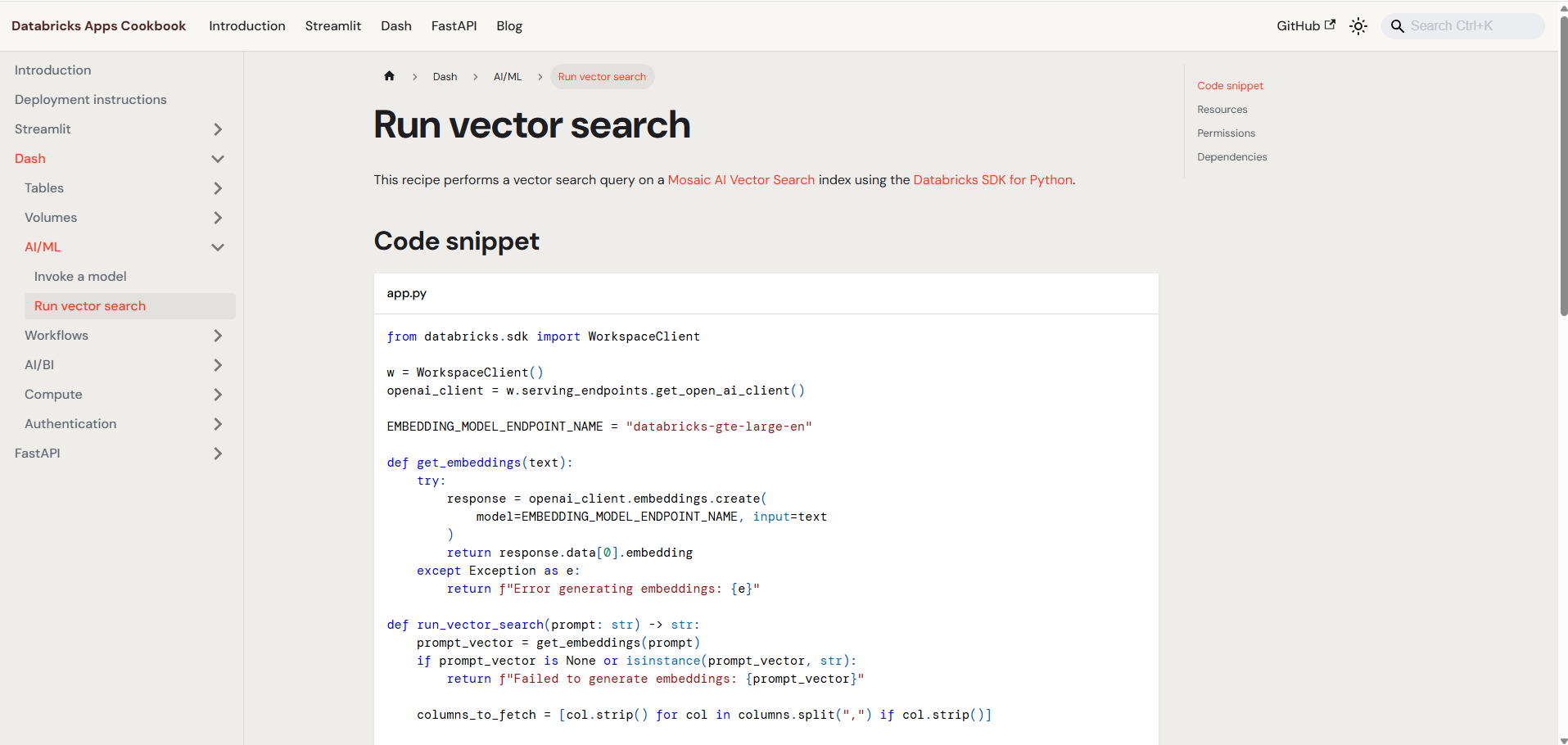 App Cookbook - run vector search - code snippet