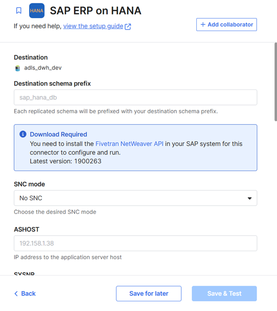 Fivetran SAP ERP on HANA destination