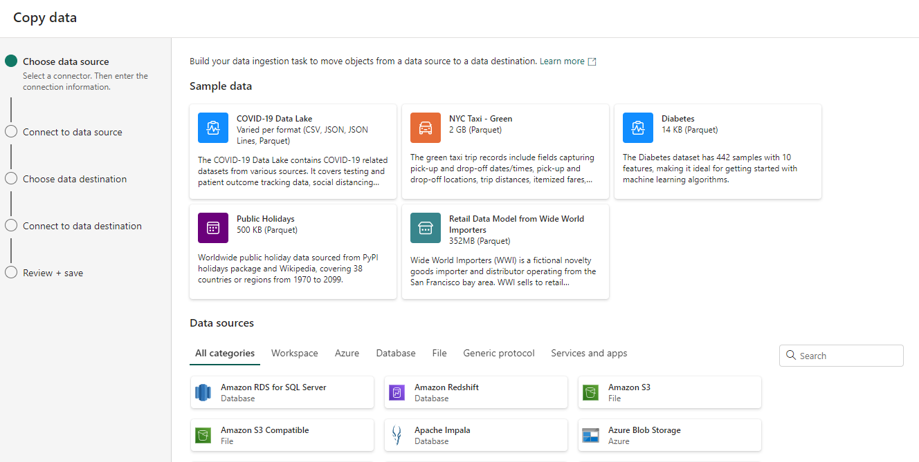 Create a pipeline using the Copy Data Assistant