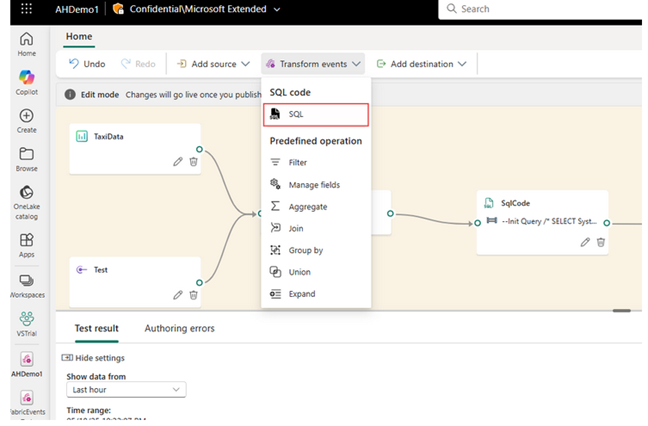 SQL Operator available in Fabric Eventstream