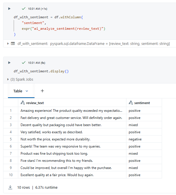Screenshot van ai_analyze_sentiment