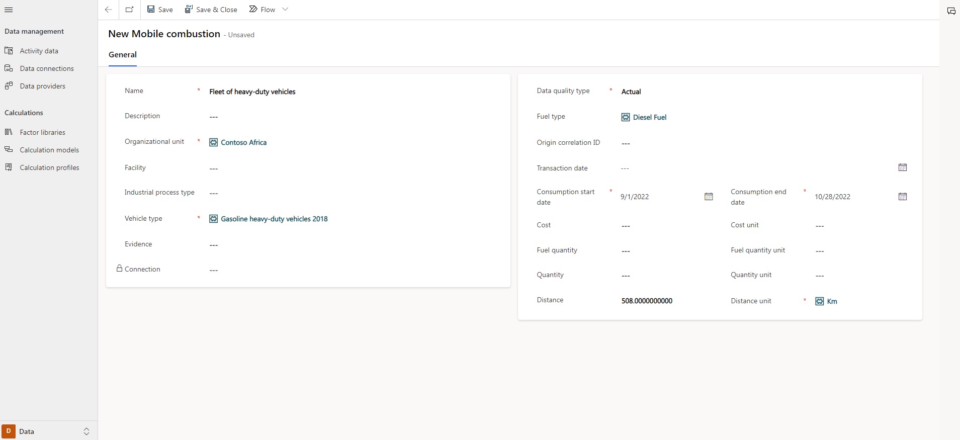 Microsoft Sustainability Manager - activity data form
