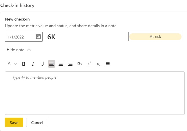 Power BI Scorecard Metrics - manual input actuals notes