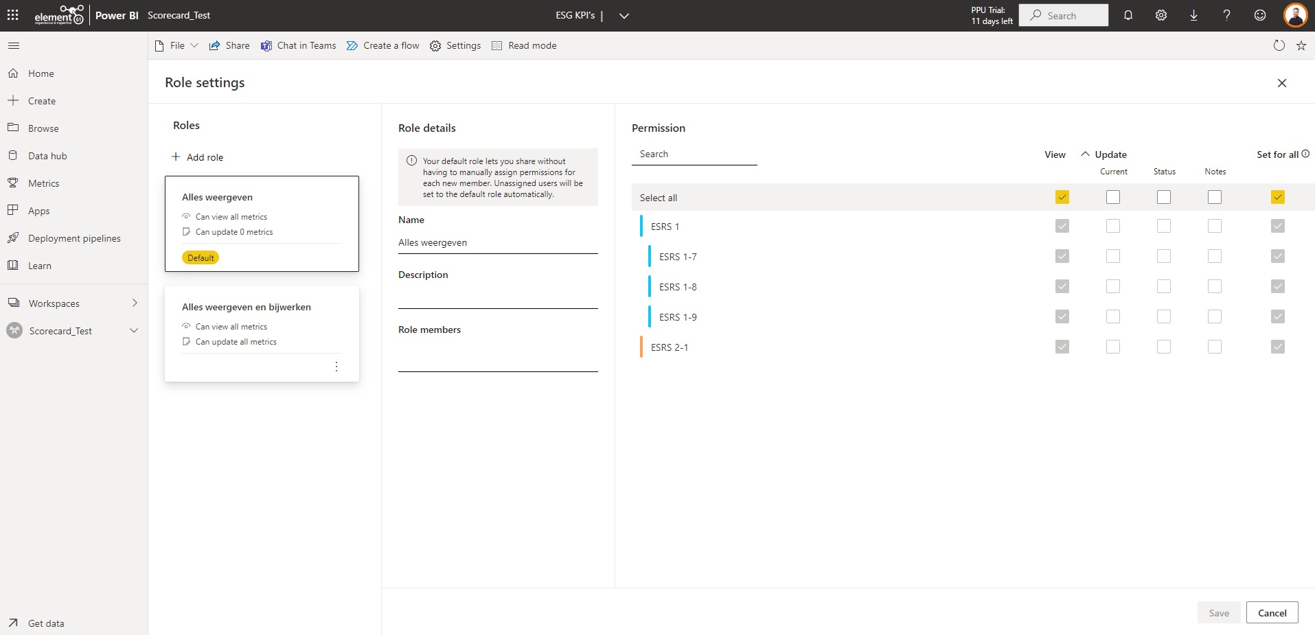 Power BI Scorecard Metrics - security roles metrics