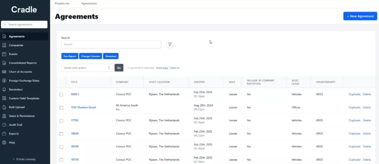 Cradle agreements Prophix one lease management screenshot