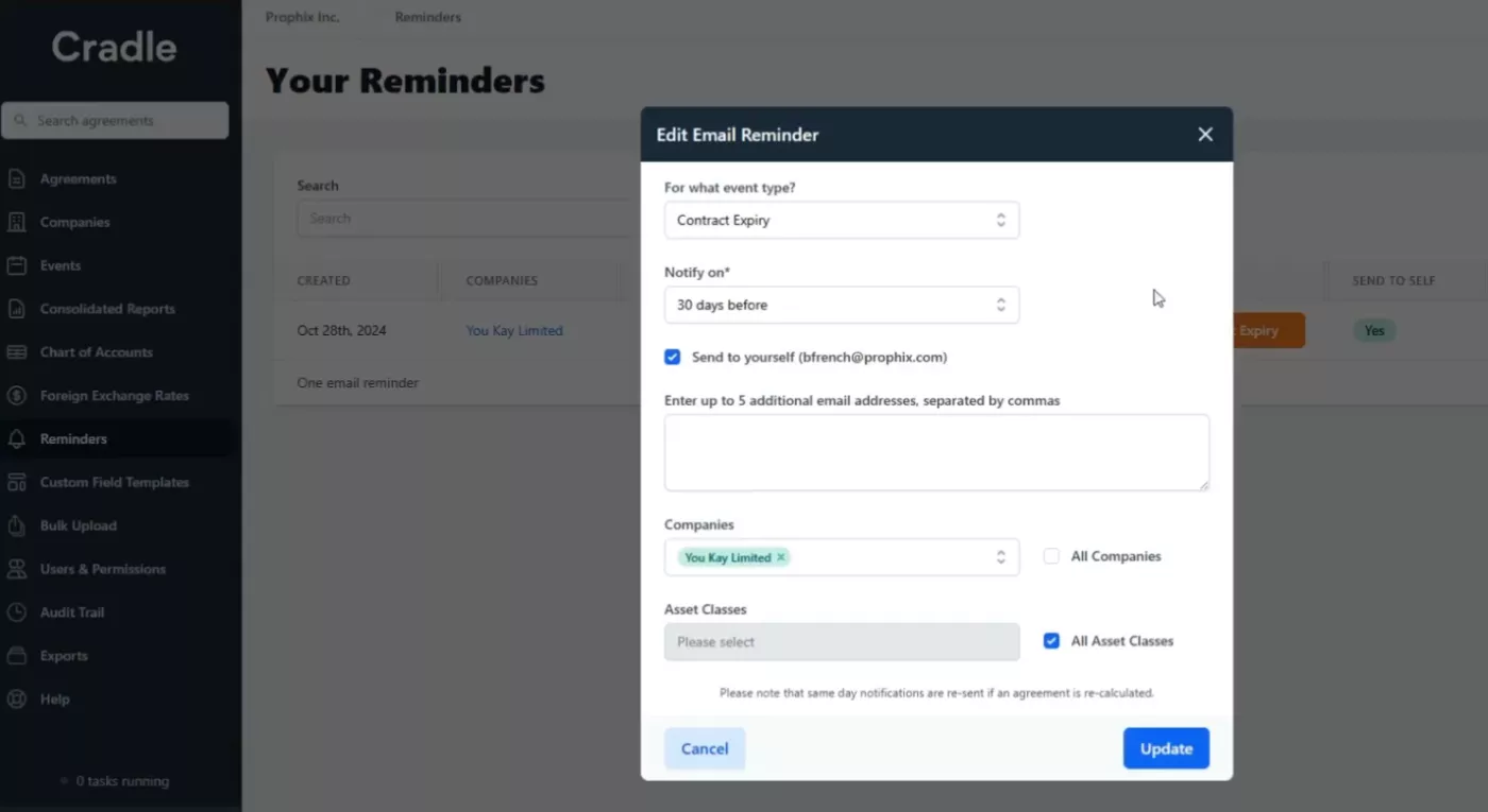 Cradle edit email reminder prophix one lease management